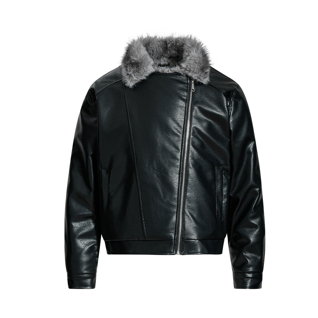 Fur-lined leather jacket motorcycle puffer coat