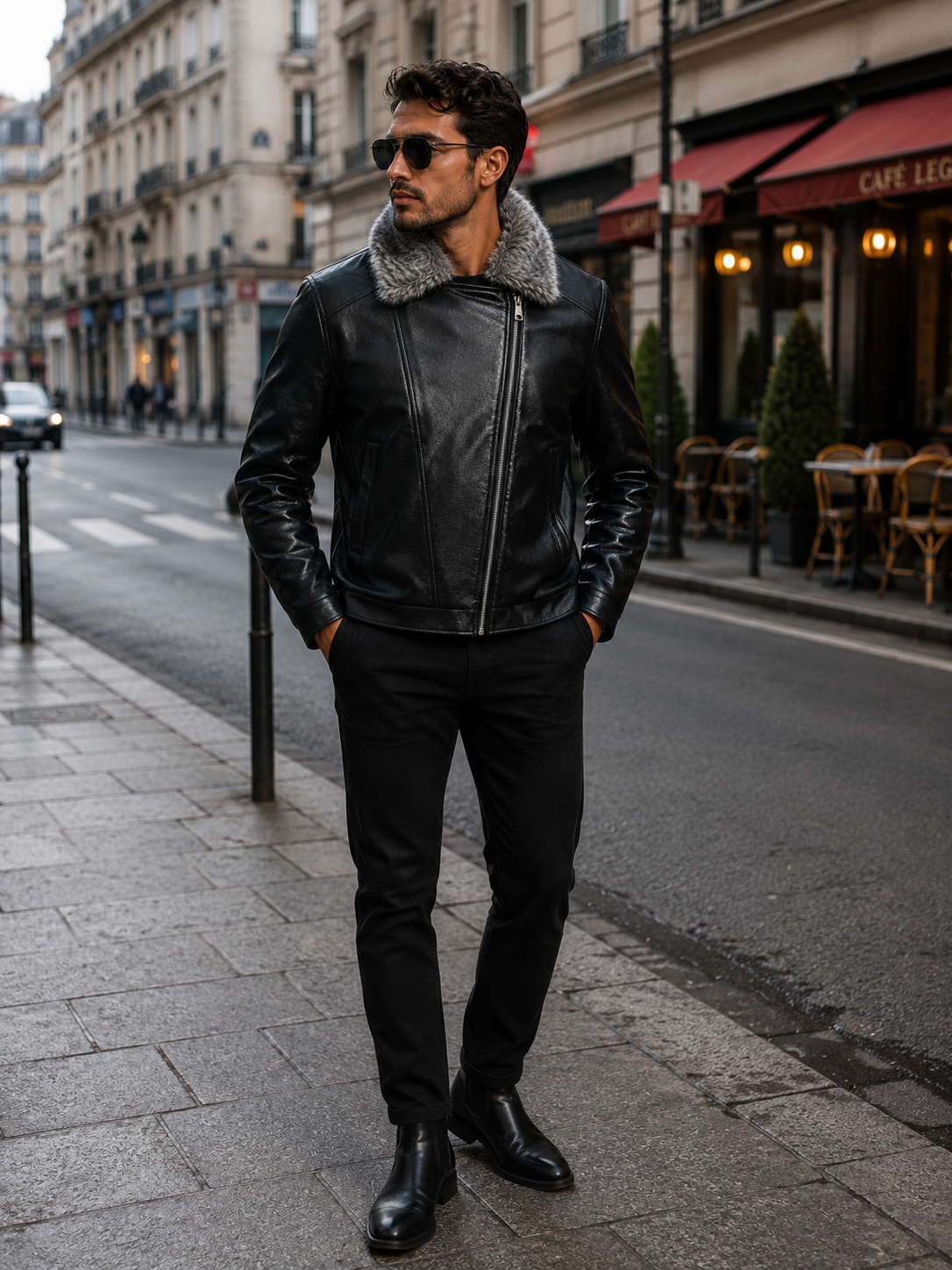Fur-lined leather jacket motorcycle puffer coat