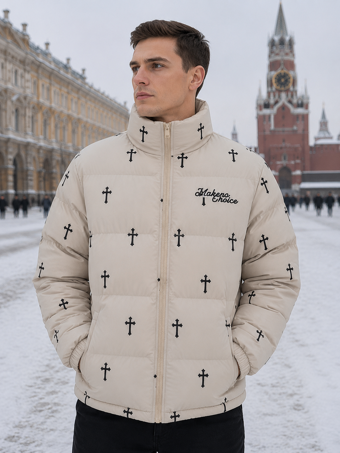 Printed stand collar warm puffer