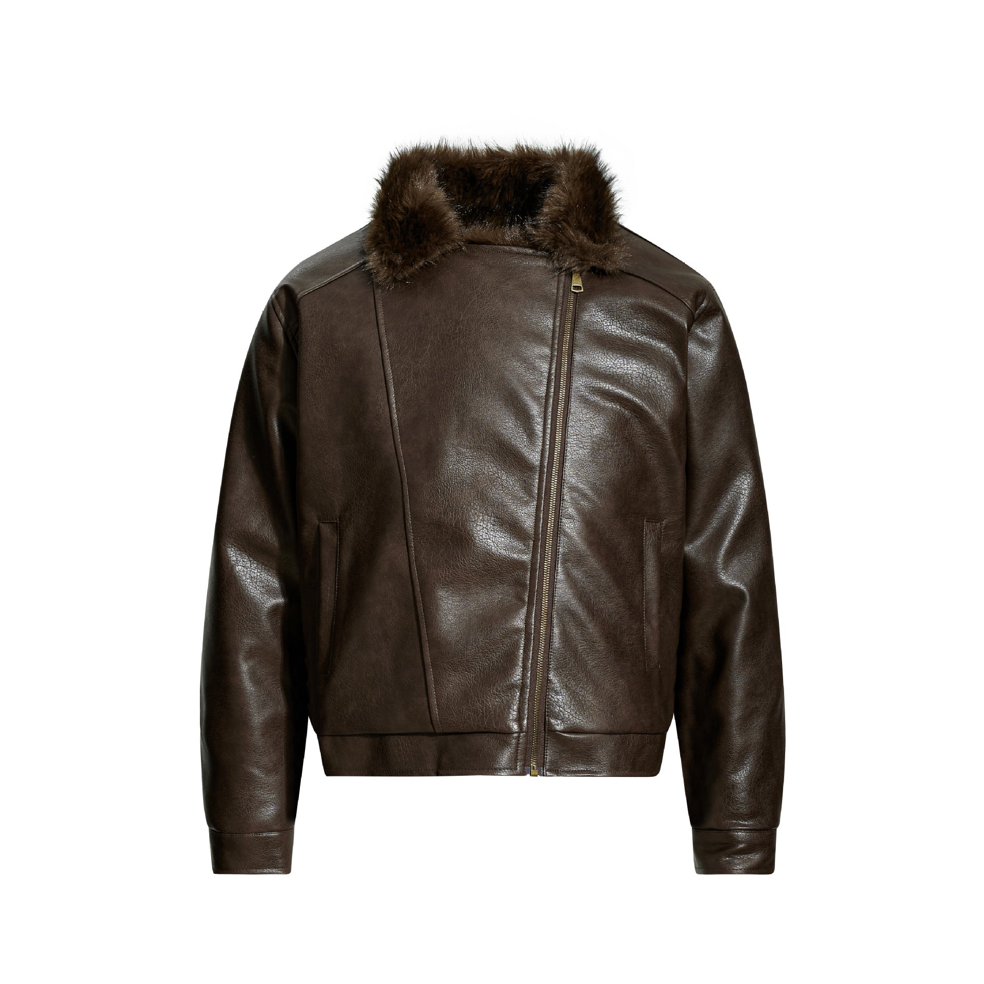 Fur-lined leather jacket motorcycle puffer coat