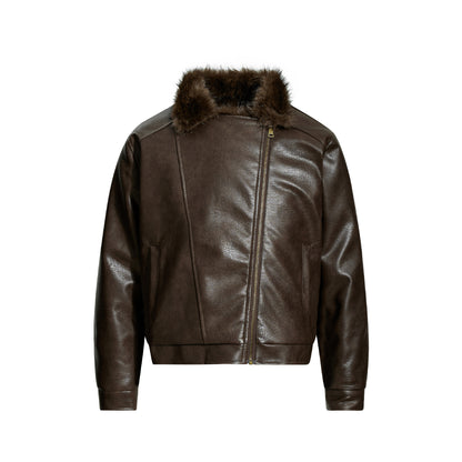 Fur-lined leather jacket motorcycle puffer coat