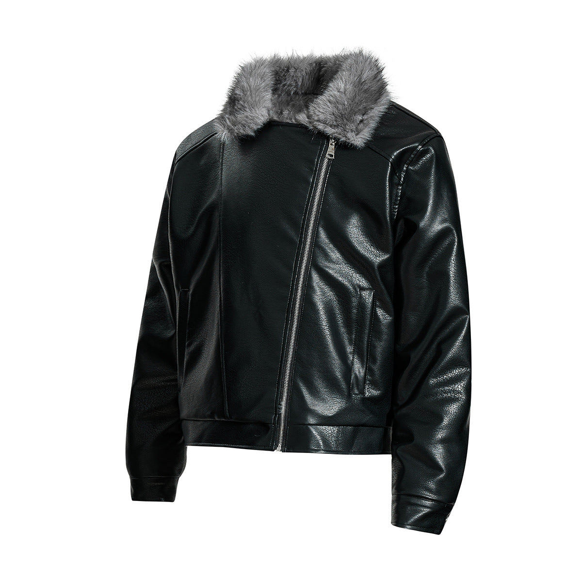 Fur-lined leather jacket motorcycle puffer coat