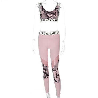 Pink Camouflage Womens Sexy Fitness Two-Piece Set