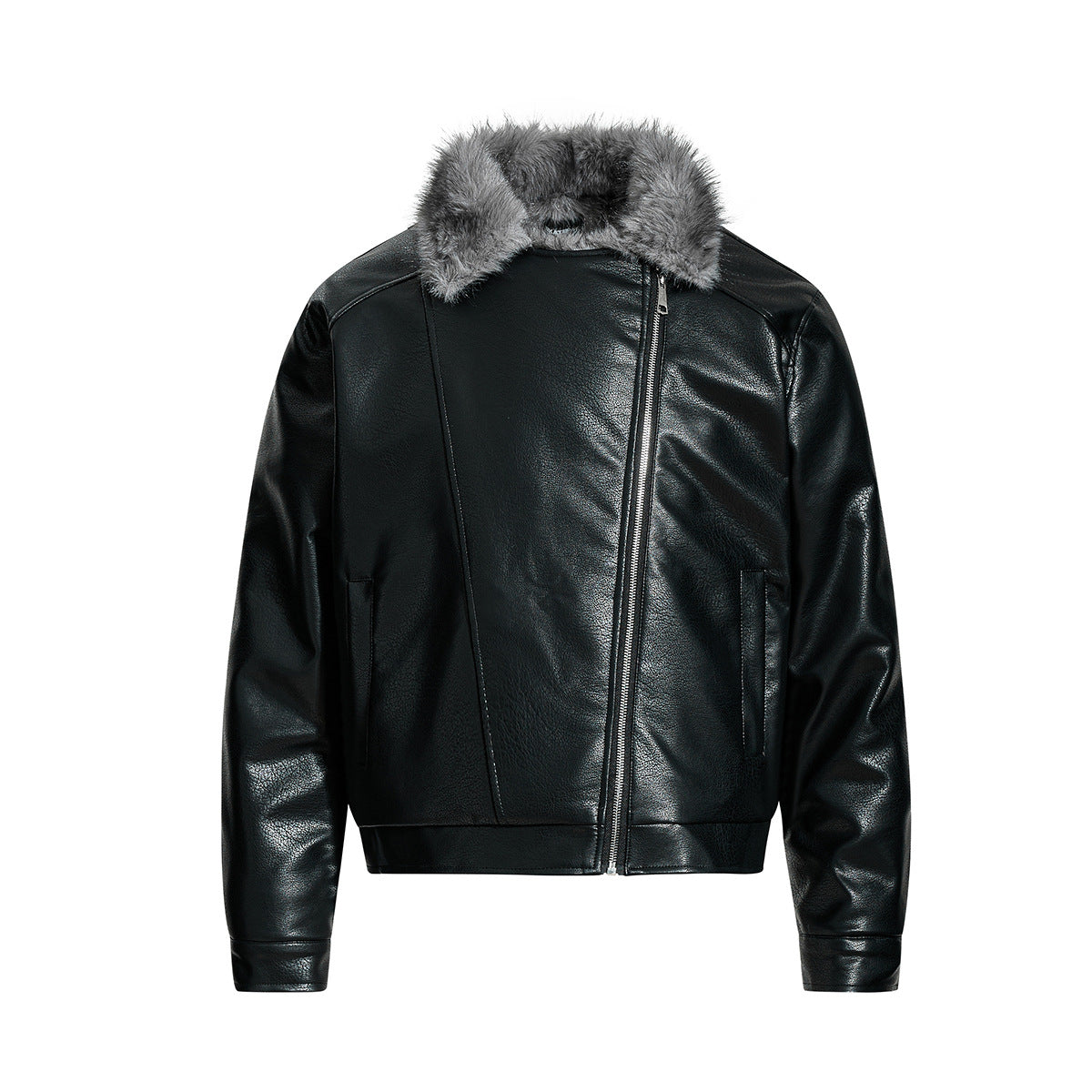Fur-lined leather jacket motorcycle puffer coat