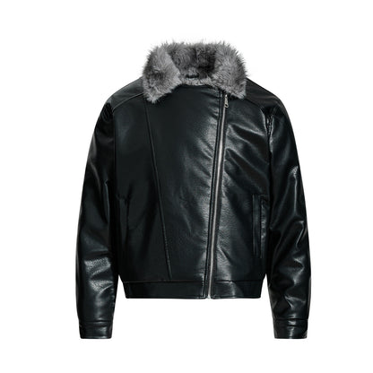 Fur-lined leather jacket motorcycle puffer coat