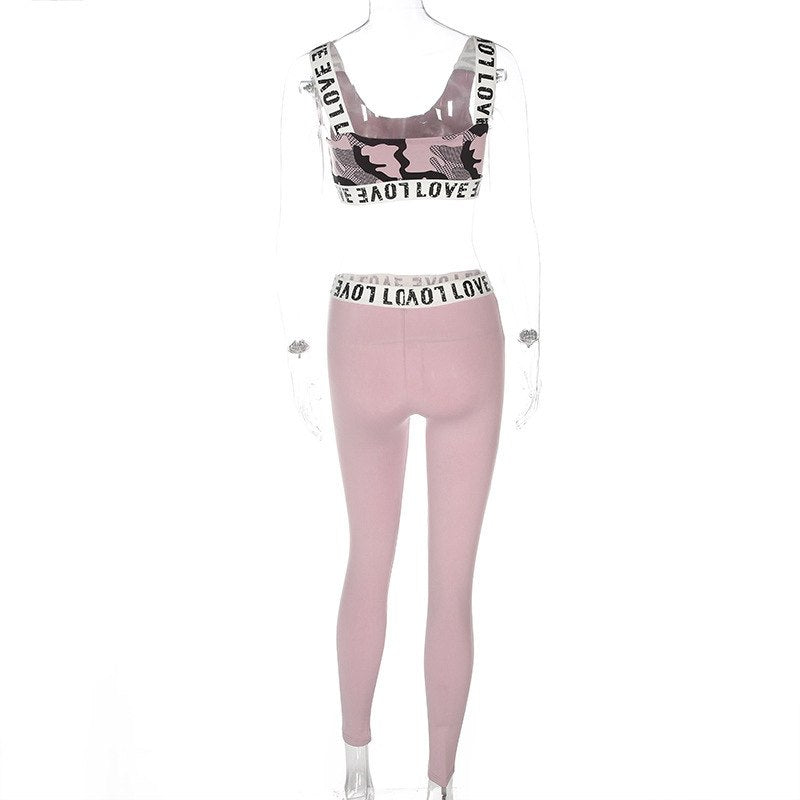 Pink Camouflage Womens Sexy Fitness Two-Piece Set