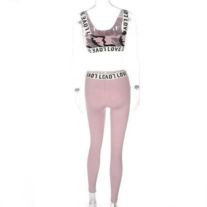 Pink Camouflage Womens Sexy Fitness Two-Piece Set