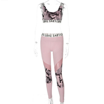 Pink Camouflage Womens Sexy Fitness Two-Piece Set