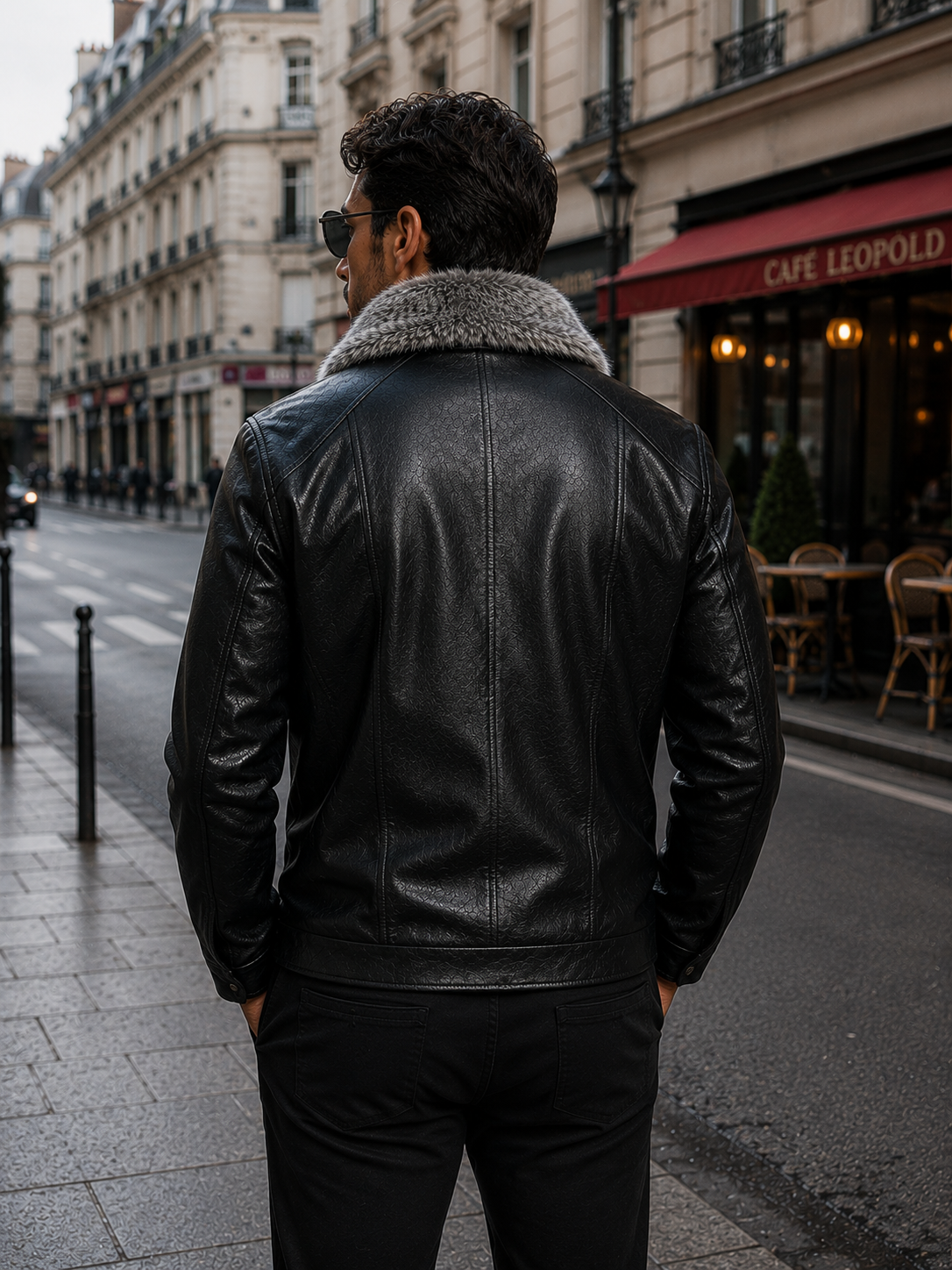 Fur-lined leather jacket motorcycle puffer coat