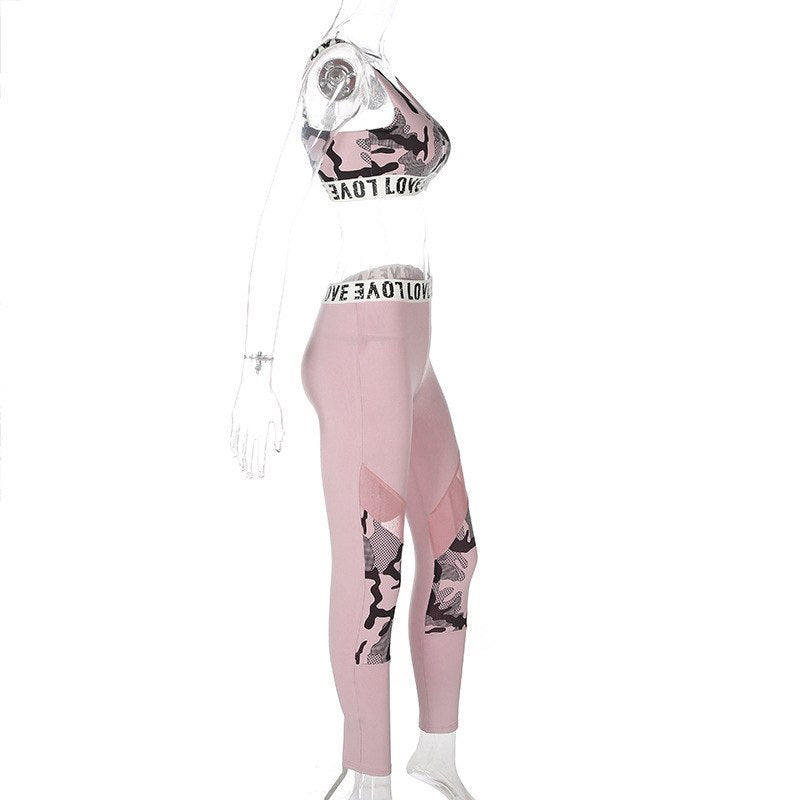 Pink Camouflage Womens Sexy Fitness Two-Piece Set